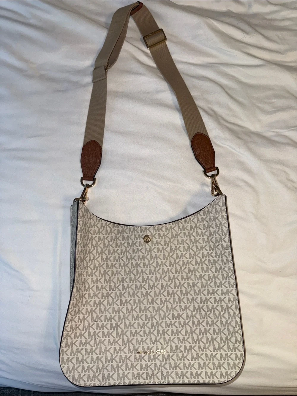 Michael Kors Cream and Brown MK Logo Crossbody Bag with Adjustable Strap